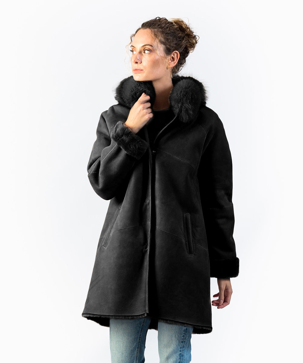 abrigo-doble-faz-101mlh-1.jpg Abrigo de piel doble faz negro con cuello de zorro mujer - Imagen 1