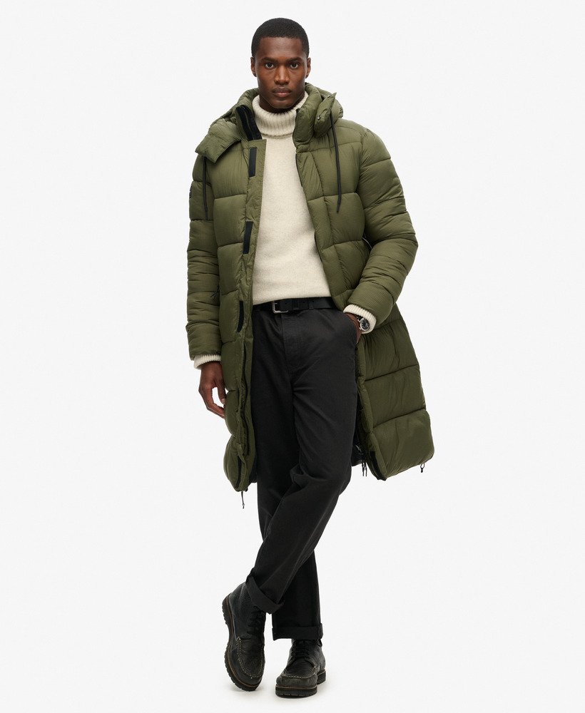 abrigo-hombre-largo-270cix-1.jpg Hombre Abrigo largo acolchado Ripstop en verde musgo oscuro cuadrícula | Superdry ES - Imagen 1
