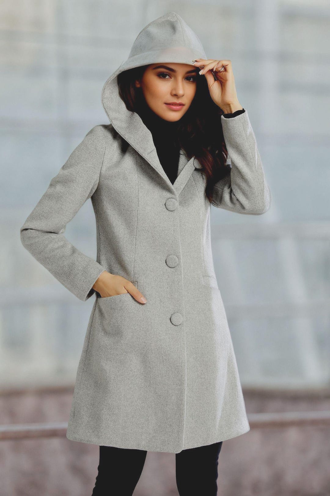 abrigo-lana-173blb-1.jpg Abrigo de lana con capucha, chaqueta gris hecha a mano, estilo mod, Ylistyle C4955 Etsy España - Imagen 1
