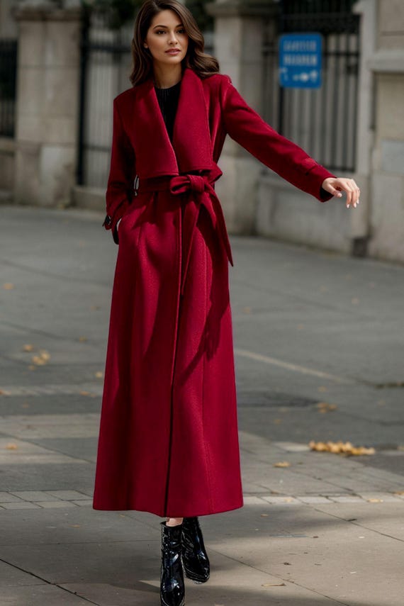 abrigo-largo-959dfw-1.jpg Abrigo largo de lana, gabardina de lana para mujer, abrigo maxi de lana rojo vino, abrigo de invierno para mujer, abrigo de lana con cinturón, abrigo personalizado, Ylistyle C4951 Etsy España - Imagen 1