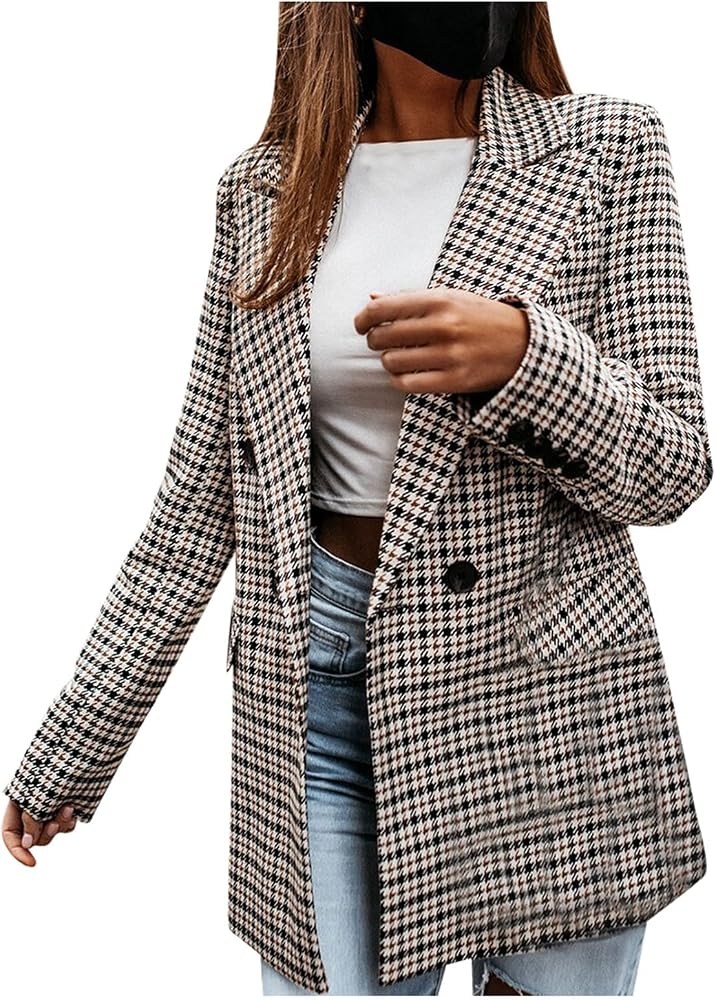 blazer-cuadros-233zkb-1.jpg Blazer Chaqueta a cuadros para mujer, chaqueta blazer de manga larga, chaqueta a cuadros con muescas, chaqueta de doble botonadura, con frente abierto, ropa exterior de primavera, elegante, con: Amazon.es: Moda - Imagen 1