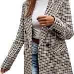 Blazer Chaqueta a cuadros para mujer, chaqueta blazer de manga larga, chaqueta a cuadros con muescas, chaqueta de doble botonadura, con frente abierto, ropa exterior de primavera, elegante, con: Amazon.es: Moda