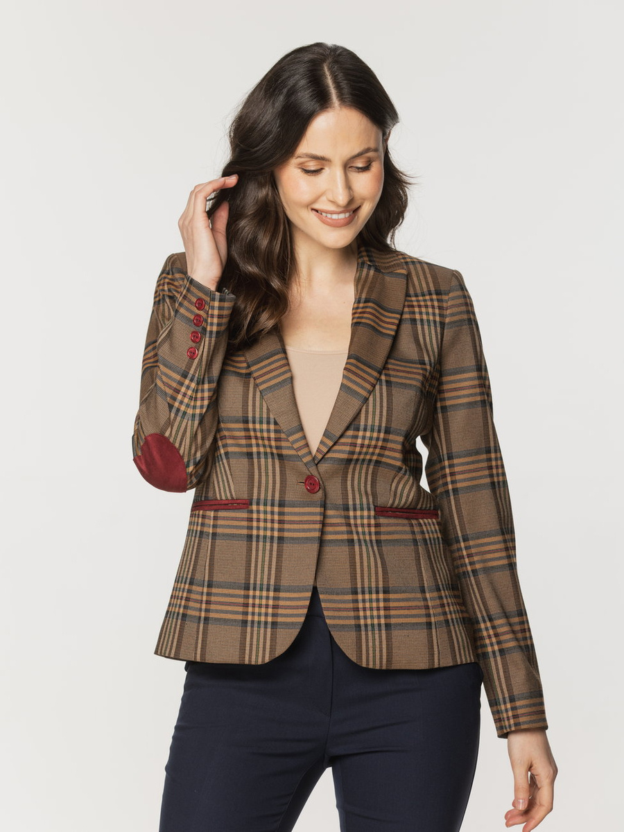 blazer-cuadros-mujer-371yyc-1.jpg Blazer para mujer marrón a cuadros con coderas rojas 16505 - Imagen 1
