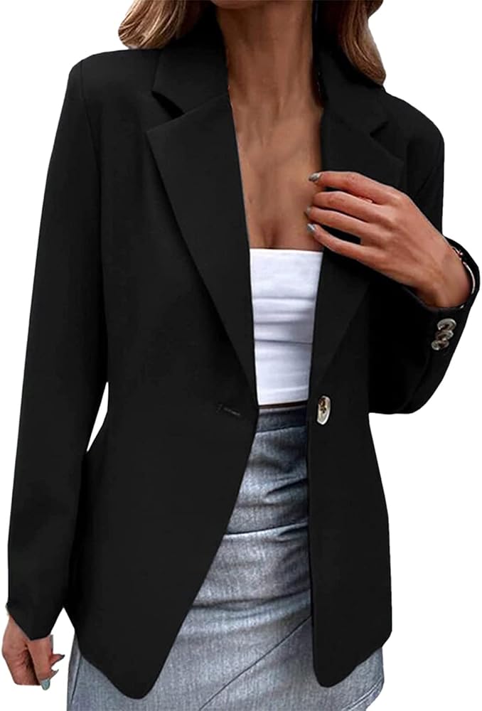 blazer-negra-mujer-158bdb-1.jpg Blazer Chaqueta larga para mujer, elegante, de color liso, manga larga, frontal abierto, para negocios, de montaña, informal, ajustada, con solapa, ... - Imagen 1