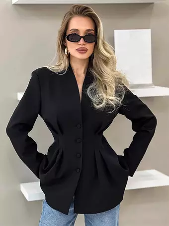 blazer-negra-mujer-669hmj.webp Blazer negro de mujer Hourglass Tailored Chaqueta de botonadura sencilla con hombros estructurados y cintura ceñida Ropa de trabajo informal Corporate Core 2026 Milanoo.com - Imagen 1