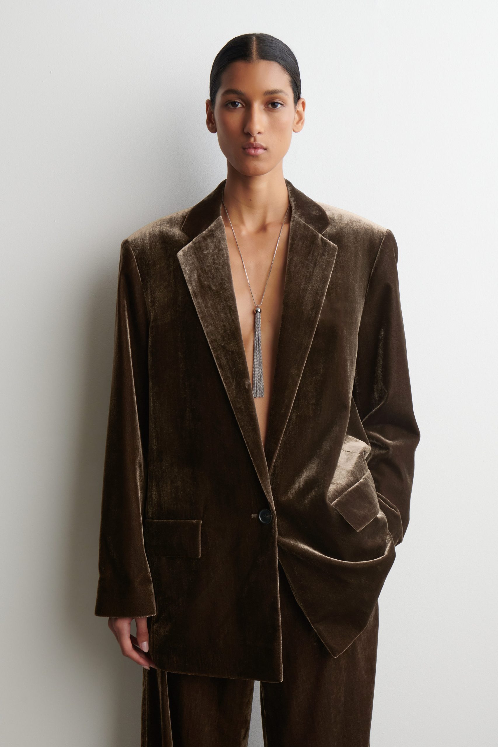 blazer-terciopelo-mujer-094dcb-1.jpg BLAZER DE TERCIOPELO BOTONADURA SENCILLA MARRÓN | COS ES - Imagen 1