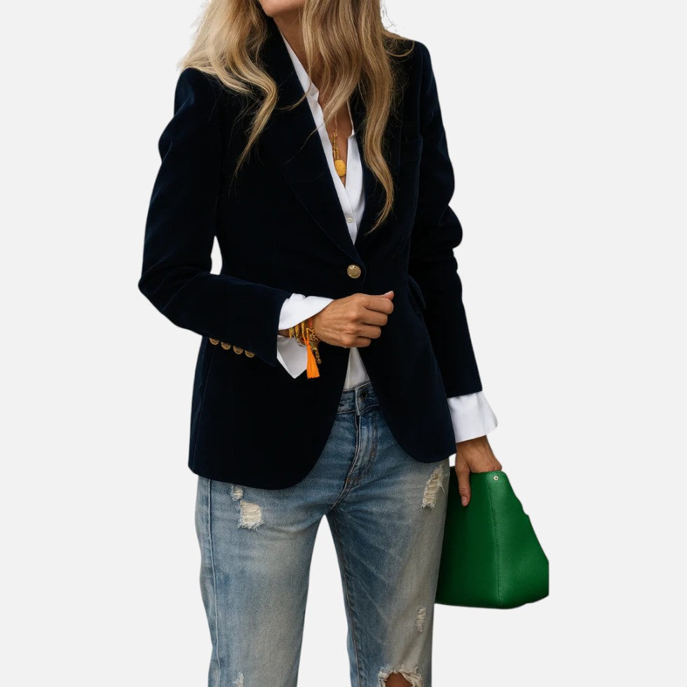 blazer-terciopelo-mujer-139azu-1.jpg Virelana – Blazer de terciopelo negro para mujer con corte clásico – Walther Mode - Imagen 1