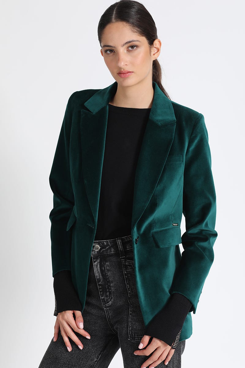 blazer-terciopelo-mujer-347gjl-1.jpg CHIC STAR Blazer De Terciopelo Para Mujer – Corte Corto Con Cuello Y Puños De Capa, Azul Elástico Chaqueta Corta Con Capa En Cuello Y Puños - Imagen 1
