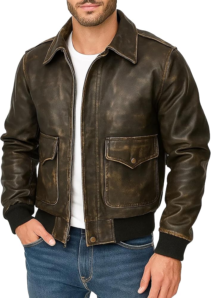 chaqueta-aviador-hombre-812xvk-1.jpg Fashion First Chaqueta de cuero para hombre A2 Flight Pilot Vintage Air Force Aviator Cockpit Bomber, Marrón envejecido., XXS: Amazon.es: Moda - Imagen 1