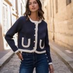 Chaqueta Azul Marino Mujer con Ribete Beige y Botones Dorados
