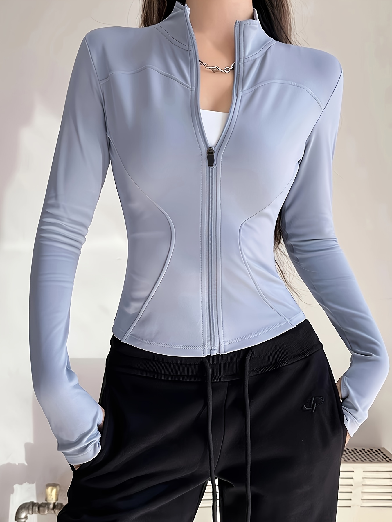 chaqueta-deportiva-mujer-542cxz-1.jpg Chaqueta Deportiva Ajustada para Mujer, Cuello * de * Rápido y * Elasticidad con Agujeros para los Pulgares * Largas, Transpirable, Ideal para Fitness, Yoga y Deportes, Regalo * para Carnaval, Día * ... - Imagen 1