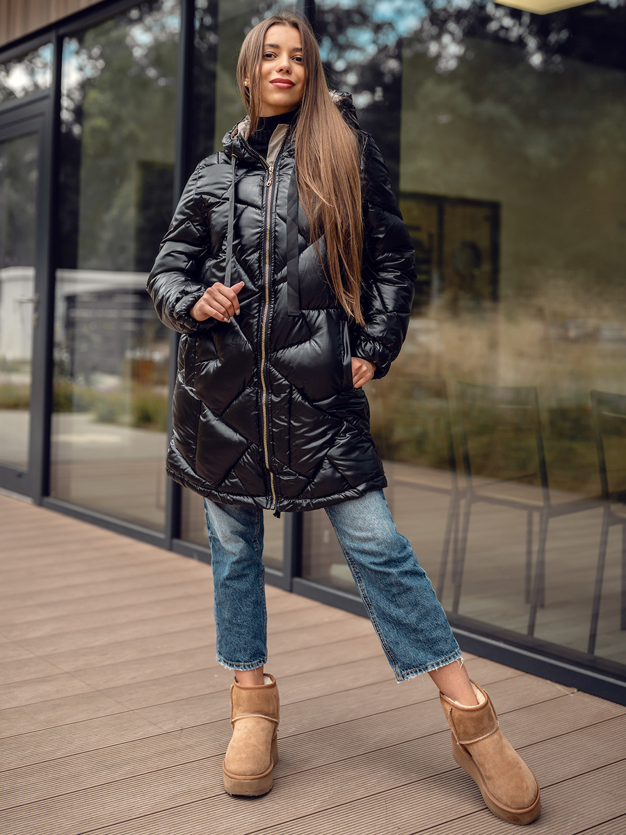 chaqueta-invierno-878bwe-1.jpg Chaqueta larga acolchada abrigo de invierno con capucha para mujer negro Bolf 5M3189 - Imagen 1