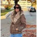 Chaqueta marrón efecto ante con cuello de pelo