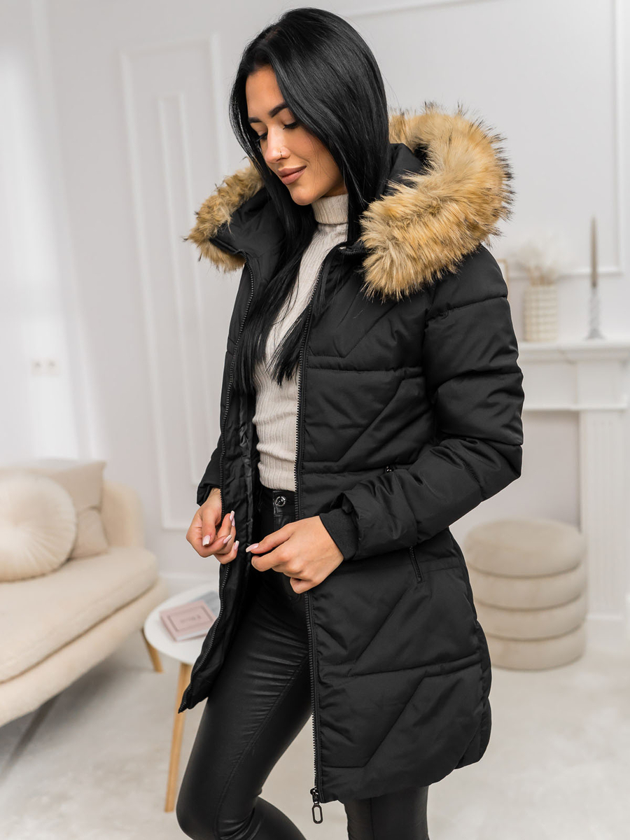 chaqueta-pelo-mujer-546igt-1.jpg Chaqueta de invierno con capucha y pelo para mujer negro y marrón Bolf 16M9099 - Imagen 1