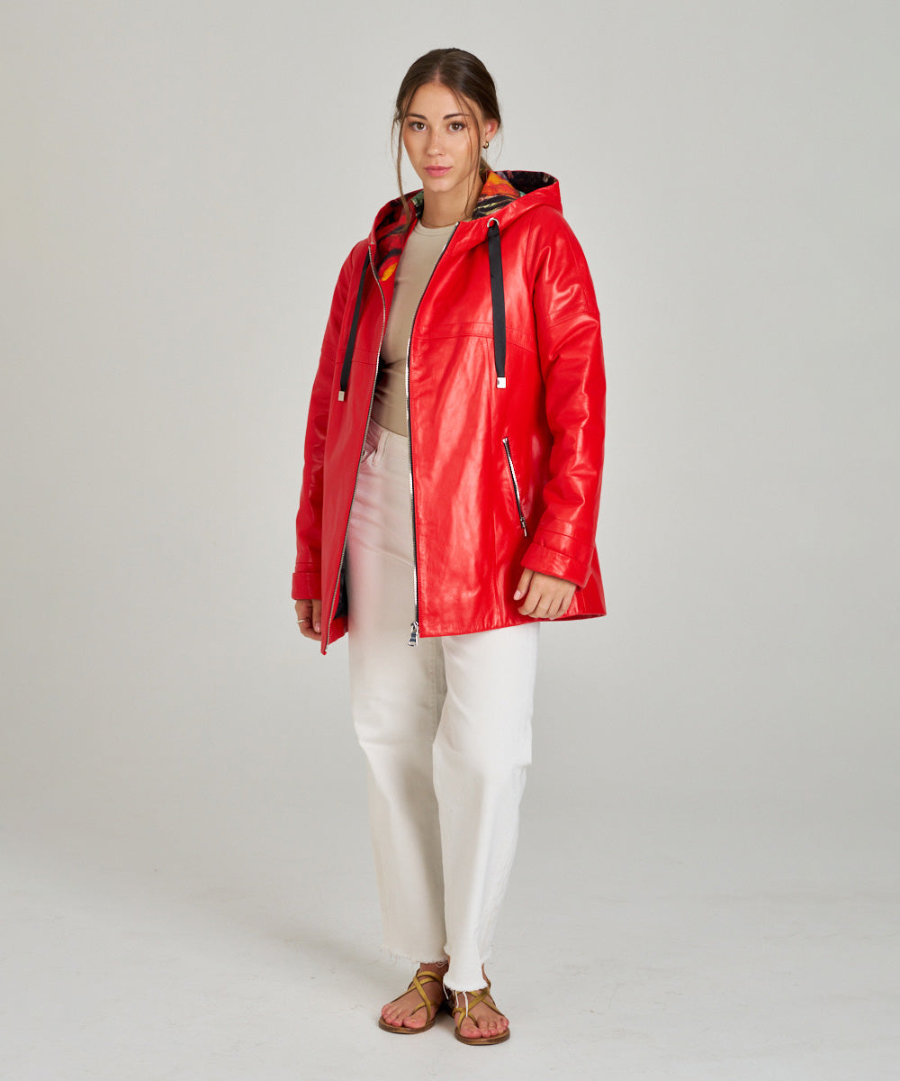 chaqueta-roja-mujer-208zuj-1.jpg Chaqueta de piel roja con capucha y forro estampado mujer - Imagen 1