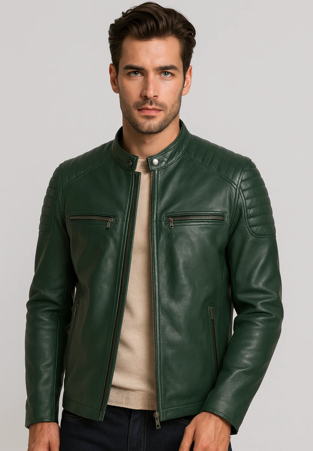 chaqueta-verde-hombre-102zzn.webp Chaqueta de Cuero Verde Harrison – Lujo Hombre - Imagen 1